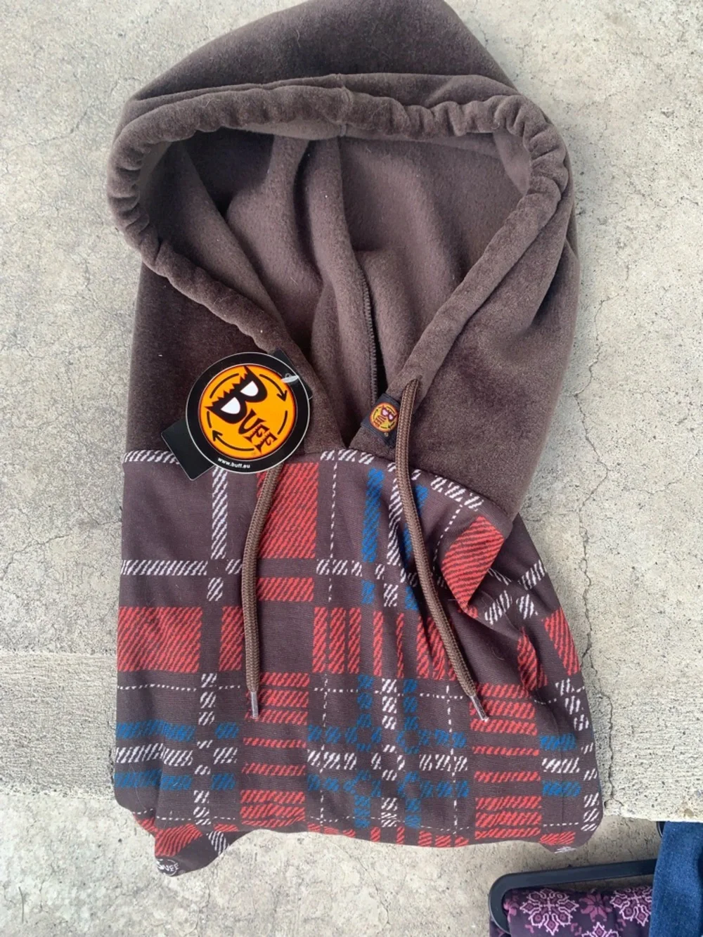 Buff Men's Brown Plaid Face Mask Tube with Red and Blue Accents